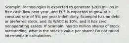 Scampini Technologies is expected to generate 200 million in free cash flow next year, and FCF is expected to grow at a constant rate of 5% per year indefinitely. Scampini has no debt or preferred stock, and its WACC is 10%, and it has zero nonoperating assets. If Scampini has 50 million shares of stock outstanding, what is the stock's value per share? Do not round intermediate calculations.