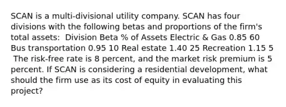 SCAN is a multi-divisional utility company. SCAN has four divisions with the following betas and proportions of the firm's total assets: ​ Division Beta % of Assets Electric & Gas 0.85 60 Bus transportation 0.95 10 Real estate 1.40 25 Recreation 1.15 5 ​ The risk-free rate is 8 percent, and the market risk premium is 5 percent. If SCAN is considering a residential development, what should the firm use as its cost of equity in evaluating this project?