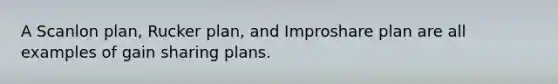 A Scanlon plan, Rucker plan, and Improshare plan are all examples of gain sharing plans.