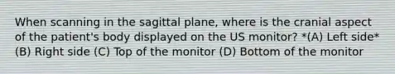 When scanning in the sagittal plane, where is the cranial aspect of the patient's body displayed on the US monitor? *(A) Left side* (B) Right side (C) Top of the monitor (D) Bottom of the monitor