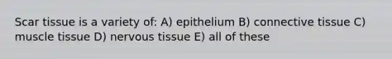 Scar tissue is a variety of: A) epithelium B) connective tissue C) muscle tissue D) nervous tissue E) all of these