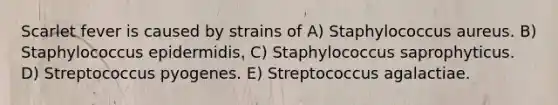 Scarlet fever is caused by strains of A) Staphylococcus aureus. B) Staphylococcus epidermidis. C) Staphylococcus saprophyticus. D) Streptococcus pyogenes. E) Streptococcus agalactiae.