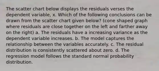 The scatter chart below displays the residuals verses the dependent variable, x. Which of the following conclusions can be drawn from the scatter chart given below?​ (cone shaped graph where residuals are close together on the left and farther away on the right) a. The residuals have a increasing variance as the dependent variable increases. b. The model captures the relationship between the variables accurately. c. The residual distribution is consistently scattered about zero. d. The regression model follows the standard normal probability distribution.