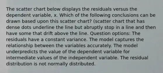 The scatter chart below displays the residuals versus the dependent variable, x. Which of the following conclusions can be drawn based upon this scatter chart? (scatter chart that has dense dots underline the line but abruptly stop in a line and then have some that drift above the line.​ Question options: The residuals have a constant variance. The model captures the relationship between the variables accurately. The model underpredicts the value of the dependent variable for intermediate values of the independent variable. The residual distribution is not normally distributed.