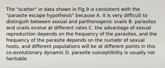 The "scatter" in data shown in Fig.9 is consistent with the "parasite escape hypothesis" because A. it is very difficult to distinguih between sexual and parthenogenic snails B. parasites and snails evolve at different rates C. the advantage of sexual reproduction depends on the frequency of the parasites, and the frequency of the parasite depends on the numebr of sexual hosts, and different populations will be at different points in this co-evolutionary dynamic D. parasite susceptibility is usually not heritable