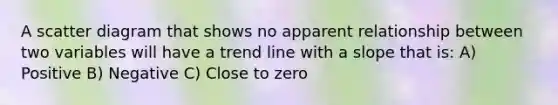 A scatter diagram that shows no apparent relationship between two variables will have a trend line with a slope that is: A) Positive B) Negative C) Close to zero