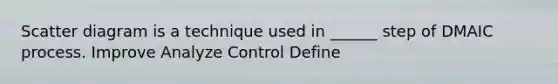 Scatter diagram is a technique used in ______ step of DMAIC process. Improve Analyze Control Define