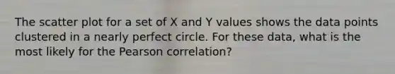 The scatter plot for a set of X and Y values shows the data points clustered in a nearly perfect circle. For these data, what is the most likely for the Pearson correlation?