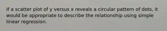 If a scatter plot of y versus x reveals a circular pattern of dots, it would be appropriate to describe the relationship using simple linear regression.