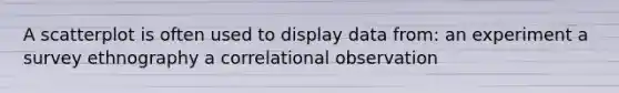 A scatterplot is often used to display data from: an experiment a survey ethnography a correlational observation