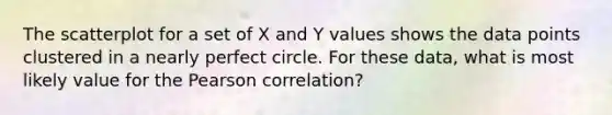 The scatterplot for a set of X and Y values shows the data points clustered in a nearly perfect circle. For these data, what is most likely value for the Pearson correlation?