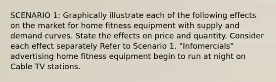 SCENARIO 1: Graphically illustrate each of the following effects on the market for home fitness equipment with supply and demand curves. State the effects on price and quantity. Consider each effect separately Refer to Scenario 1. "Infomercials" advertising home fitness equipment begin to run at night on Cable TV stations.