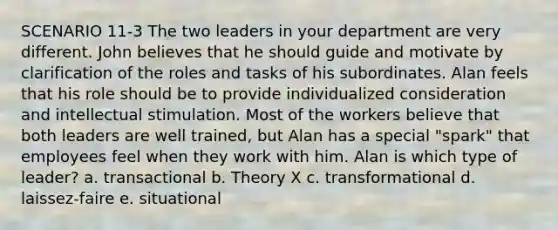 SCENARIO 11-3 The two leaders in your department are very different. John believes that he should guide and motivate by clarification of the roles and tasks of his subordinates. Alan feels that his role should be to provide individualized consideration and intellectual stimulation. Most of the workers believe that both leaders are well trained, but Alan has a special "spark" that employees feel when they work with him. Alan is which type of leader? a. transactional b. Theory X c. transformational d. laissez-faire e. situational