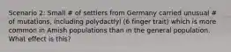 Scenario 2: Small # of settlers from Germany carried unusual # of mutations, including polydactlyl (6 finger trait) which is more common in Amish populations than in the general population. What effect is this?