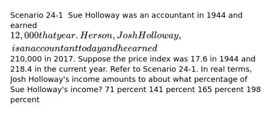 Scenario 24-1 ​ Sue Holloway was an accountant in 1944 and earned 12,000 that year. Her son, Josh Holloway, is an accountant today and he earned210,000 in 2017. Suppose the price index was 17.6 in 1944 and 218.4 in the current year. Refer to Scenario 24-1. In real terms, Josh Holloway's income amounts to about what percentage of Sue Holloway's income? 71 percent 141 percent 165 percent 198 percent