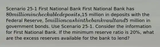 Scenario 25-1 First National Bank First National Bank has 80 million in checkable deposits,15 million in deposits with the Federal Reserve, 5 million cash in the bank vault and5 million in government bonds. Use Scenario 25-1. Consider the information for First National Bank. If the minimum reserve ratio is 20%, what are the excess reserves available for the bank to lend?