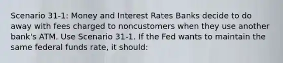 Scenario 31-1: Money and Interest Rates Banks decide to do away with fees charged to noncustomers when they use another bank's ATM. Use Scenario 31-1. If the Fed wants to maintain the same federal funds rate, it should: