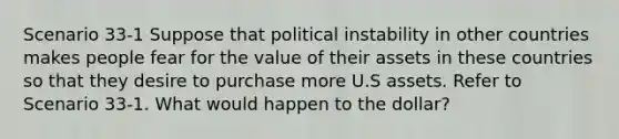 Scenario 33-1 Suppose that political instability in other countries makes people fear for the value of their assets in these countries so that they desire to purchase more U.S assets. Refer to Scenario 33-1. What would happen to the dollar?