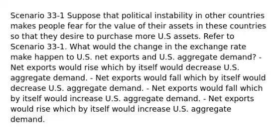 Scenario 33-1 Suppose that political instability in other countries makes people fear for the value of their assets in these countries so that they desire to purchase more U.S assets. Refer to Scenario 33-1. What would the change in the exchange rate make happen to U.S. net exports and U.S. aggregate demand? - Net exports would rise which by itself would decrease U.S. aggregate demand. - Net exports would fall which by itself would decrease U.S. aggregate demand. - Net exports would fall which by itself would increase U.S. aggregate demand. - Net exports would rise which by itself would increase U.S. aggregate demand.