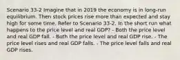 Scenario 33-2 Imagine that in 2019 the economy is in long-run equilibrium. Then stock prices rise more than expected and stay high for some time. Refer to Scenario 33-2. In the short run what happens to the price level and real GDP? - Both the price level and real GDP fall. - Both the price level and real GDP rise. - The price level rises and real GDP falls. - The price level falls and real GDP rises.