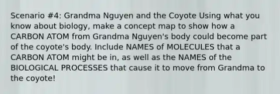 Scenario #4: Grandma Nguyen and the Coyote Using what you know about biology, make a concept map to show how a CARBON ATOM from Grandma Nguyen's body could become part of the coyote's body. Include NAMES of MOLECULES that a CARBON ATOM might be in, as well as the NAMES of the BIOLOGICAL PROCESSES that cause it to move from Grandma to the coyote!