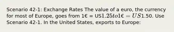 Scenario 42-1: Exchange Rates The value of a euro, the currency for most of Europe, goes from 1€ = US1.25 to 1€ = US1.50. Use Scenario 42-1. In the United States, exports to Europe: