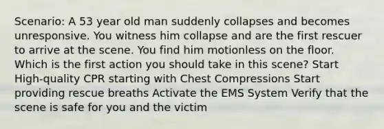 Scenario: A 53 year old man suddenly collapses and becomes unresponsive. You witness him collapse and are the first rescuer to arrive at the scene. You find him motionless on the floor. Which is the first action you should take in this scene? Start High-quality CPR starting with Chest Compressions Start providing rescue breaths Activate the EMS System Verify that the scene is safe for you and the victim