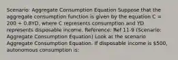 Scenario: Aggregate Consumption Equation Suppose that the aggregate consumption function is given by the equation C = 200 + 0.8YD, where C represents consumption and YD represents disposable income. Reference: Ref 11-9 (Scenario: Aggregate Consumption Equation) Look at the scenario Aggregate Consumption Equation. If disposable income is 500, autonomous consumption is: