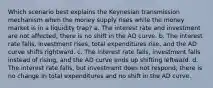 Which scenario best explains the Keynesian transmission mechanism when the money supply rises while the money market is in a liquidity trap? a. The interest rate and investment are not affected; there is no shift in the AD curve. b. The interest rate falls, investment rises, total expenditures rise, and the AD curve shifts rightward. c. The interest rate falls, investment falls instead of rising, and the AD curve ends up shifting leftward. d. The interest rate falls, but investment does not respond; there is no change in total expenditures and no shift in the AD curve.