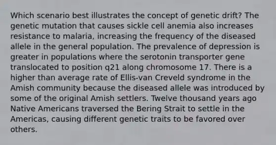 Which scenario best illustrates the concept of genetic drift? The genetic mutation that causes sickle cell anemia also increases resistance to malaria, increasing the frequency of the diseased allele in the general population. The prevalence of depression is greater in populations where the serotonin transporter gene translocated to position q21 along chromosome 17. There is a higher than average rate of Ellis-van Creveld syndrome in the Amish community because the diseased allele was introduced by some of the original Amish settlers. Twelve thousand years ago Native Americans traversed the Bering Strait to settle in the Americas, causing different genetic traits to be favored over others.