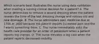 Which scenario best illustrates the nurse using data validation when making a nursing clinical decision for a patient? A. The nurse determines to remove a wound dressing when the patient reveals the time of the last dressing change and notices old and new drainage. B. The nurse administers pain medicine due at 1700 at 1600 because the patient reports increased pain and the f wants something done. C. The nurse immediately asks the health care provider for an order of potassium when a patient reports leg cramps. D. The nurse elevates a leg cast when the patient reports decreased mobility.