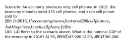 Scenario: An economy produces only cell phones. In 2015, the economy manufactured 275 cell phones, and each cell phone sold for 200. In 2016, the economy manufactured 280 cell phones, but the price of each cell phone fell to180. 14) Refer to the scenario above. What is the nominal GDP of the economy in 2016? A) 55,000 B)47,000 C) 50,400 D)50,000