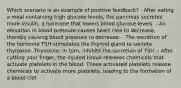 Which scenario is an example of positive feedback? - After eating a meal containing high glucose levels, the pancreas secretes more insulin, a hormone that lowers blood glucose levels. - An elevation in blood pressure causes heart rate to decrease, thereby causing blood pressure to decrease. - The secretion of the hormone TSH stimulates the thyroid gland to secrete thyroxine. Thyroxine, in turn, inhibits the secretion of TSH. - After cutting your finger, the injured tissue releases chemicals that activate platelets in the blood. These activated platelets release chemicals to activate more platelets, leading to the formation of a blood clot.