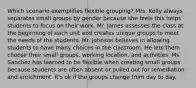 Which scenario exemplifies flexible grouping? Mrs. Kelly always separates small groups by gender because she feels this helps students to focus on their work. Mr. James assesses the class at the beginning of each unit and creates unique groups to meet the needs of the students. Mr. Johnson believes in allowing students to have many choices in the classroom. He lets them choose their small groups, working location, and activities. Ms. Sanchez has learned to be flexible when creating small groups because students are often absent or pulled out for remediation and enrichment. It's ok if the groups change from day to day.