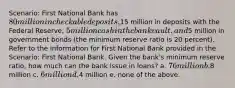 Scenario: First National Bank has 80 million in checkable deposits,15 million in deposits with the Federal Reserve, 5 million cash in the bank vault, and5 million in government bonds (the minimum reserve ratio is 20 percent). Refer to the information for First National Bank provided in the Scenario: First National Bank. Given the bank's minimum reserve ratio, how much can the bank issue in loans? a. 76 million b.8 million c. 6 million d.4 million e. none of the above.