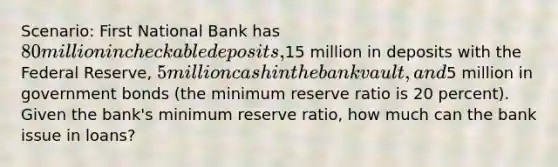 Scenario: First National Bank has 80 million in checkable deposits,15 million in deposits with the Federal Reserve, 5 million cash in the bank vault, and5 million in government bonds (the minimum reserve ratio is 20 percent). Given the bank's minimum reserve ratio, how much can the bank issue in loans?