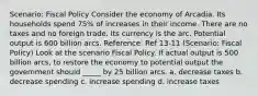 Scenario: Fiscal Policy Consider the economy of Arcadia. Its households spend 75% of increases in their income. There are no taxes and no foreign trade. Its currency is the arc. Potential output is 600 billion arcs. Reference: Ref 13-11 (Scenario: Fiscal Policy) Look at the scenario Fiscal Policy. If actual output is 500 billion arcs, to restore the economy to potential output the government should _____ by 25 billion arcs. a. decrease taxes b. decrease spending c. increase spending d. increase taxes