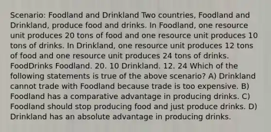 Scenario: Foodland and Drinkland Two countries, Foodland and Drinkland, produce food and drinks. In Foodland, one resource unit produces 20 tons of food and one resource unit produces 10 tons of drinks. In Drinkland, one resource unit produces 12 tons of food and one resource unit produces 24 tons of drinks. FoodDrinks Foodland. 20. 10 Drinkland. 12. 24 Which of the following statements is true of the above scenario? A) Drinkland cannot trade with Foodland because trade is too expensive. B) Foodland has a comparative advantage in producing drinks. C) Foodland should stop producing food and just produce drinks. D) Drinkland has an absolute advantage in producing drinks.