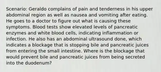 Scenario: Geraldo complains of pain and tenderness in his upper abdominal region as well as nausea and vomiting after eating. He goes to a doctor to figure out what is causing these symptoms. Blood tests show elevated levels of pancreatic enzymes and white blood cells, indicating inflammation or infection. He also has an abdominal ultrasound done, which indicates a blockage that is stopping bile and pancreatic juices from entering the small intestine. Where is the blockage that would prevent bile and pancreatic juices from being secreted into the duodenum?