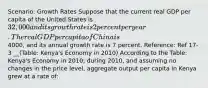 Scenario: Growth Rates Suppose that the current real GDP per capita of the United States is 32,000 and its growth rate is 2 percent per year. The real GDP per capita of China is4000, and its annual growth rate is 7 percent. Reference: Ref 17-3 __(Table: Kenya's Economy in 2010) According to the Table: Kenya's Economy in 2010, during 2010, and assuming no changes in the price level, aggregate output per capita in Kenya grew at a rate of: