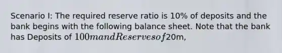 Scenario I: The required reserve ratio is 10% of deposits and the bank begins with the following balance sheet. Note that the bank has Deposits of 100m and Reserves of20m,