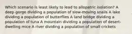 Which scenario is least likely to lead to allopatric isolation? A deep gorge dividing a population of slow-moving snails A lake dividing a population of butterflies A land bridge dividing a population of tuna A mountain dividing a population of desert-dwelling mice A river dividing a population of small crickets