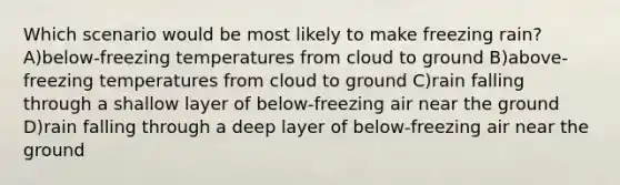 Which scenario would be most likely to make freezing rain? A)below-freezing temperatures from cloud to ground B)above-freezing temperatures from cloud to ground C)rain falling through a shallow layer of below-freezing air near the ground D)rain falling through a deep layer of below-freezing air near the ground