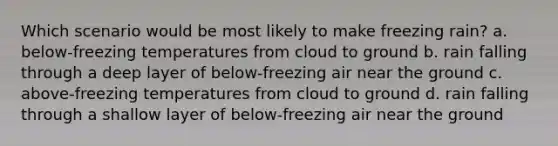 Which scenario would be most likely to make freezing rain? a. below-freezing temperatures from cloud to ground b. rain falling through a deep layer of below-freezing air near the ground c. above-freezing temperatures from cloud to ground d. rain falling through a shallow layer of below-freezing air near the ground