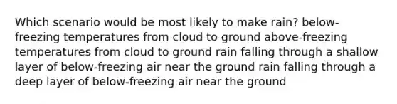 Which scenario would be most likely to make rain? below-freezing temperatures from cloud to ground above-freezing temperatures from cloud to ground rain falling through a shallow layer of below-freezing air near the ground rain falling through a deep layer of below-freezing air near the ground