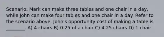 Scenario: Mark can make three tables and one chair in a day, while John can make four tables and one chair in a day. Refer to the scenario above. John's opportunity cost of making a table is ________. A) 4 chairs B) 0.25 of a chair C) 4.25 chairs D) 1 chair