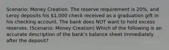 Scenario: Money Creation. The reserve requirement is 20%, and Leroy deposits his 1,000 check received as a graduation gift in his checking account. The bank does NOT want to hold excess reserves. (Scenario: Money Creation) Which of the following is an accurate description of the bank's balance sheet immediately after the deposit?