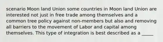 scenario Moon land Union some countries in Moon land Union are interested not just in free trade among themselves and a common tree policy against non-members but also and removing all barriers to the movement of Labor and capital among themselves. This type of integration is best described as a _____