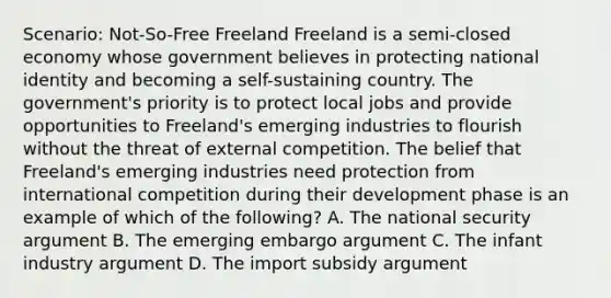 Scenario: Not-So-Free Freeland Freeland is a semi-closed economy whose government believes in protecting national identity and becoming a self-sustaining country. The government's priority is to protect local jobs and provide opportunities to Freeland's emerging industries to flourish without the threat of external competition. The belief that Freeland's emerging industries need protection from international competition during their development phase is an example of which of the following? A. The national security argument B. The emerging embargo argument C. The infant industry argument D. The import subsidy argument