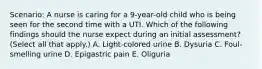 Scenario: A nurse is caring for a 9-year-old child who is being seen for the second time with a UTI. Which of the following findings should the nurse expect during an initial assessment? (Select all that apply.) A. Light-colored urine B. Dysuria C. Foul-smelling urine D. Epigastric pain E. Oliguria